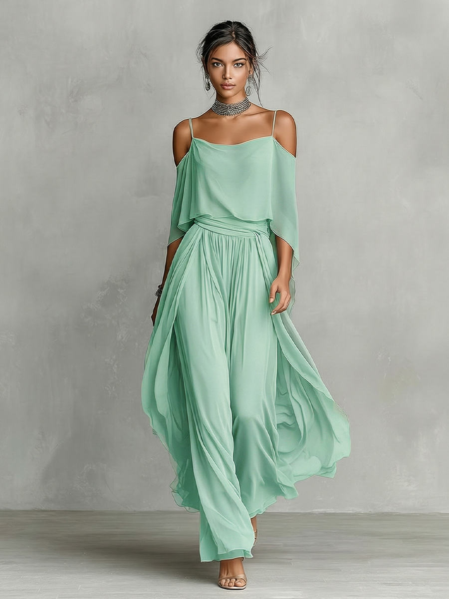Grey Chiffon Cold-Shoulder Set with Flared Silhouette for Women