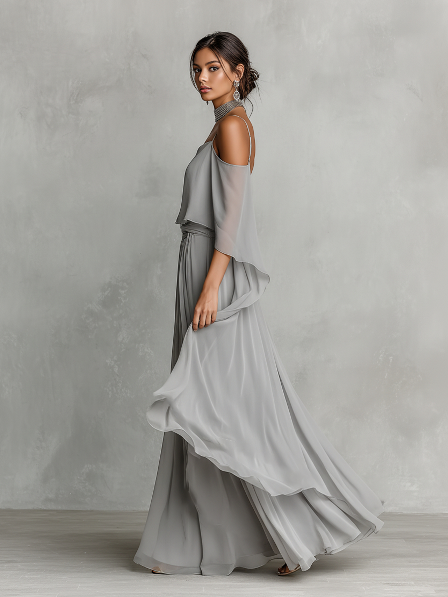 Grey Chiffon Cold-Shoulder Set with Flared Silhouette for Women