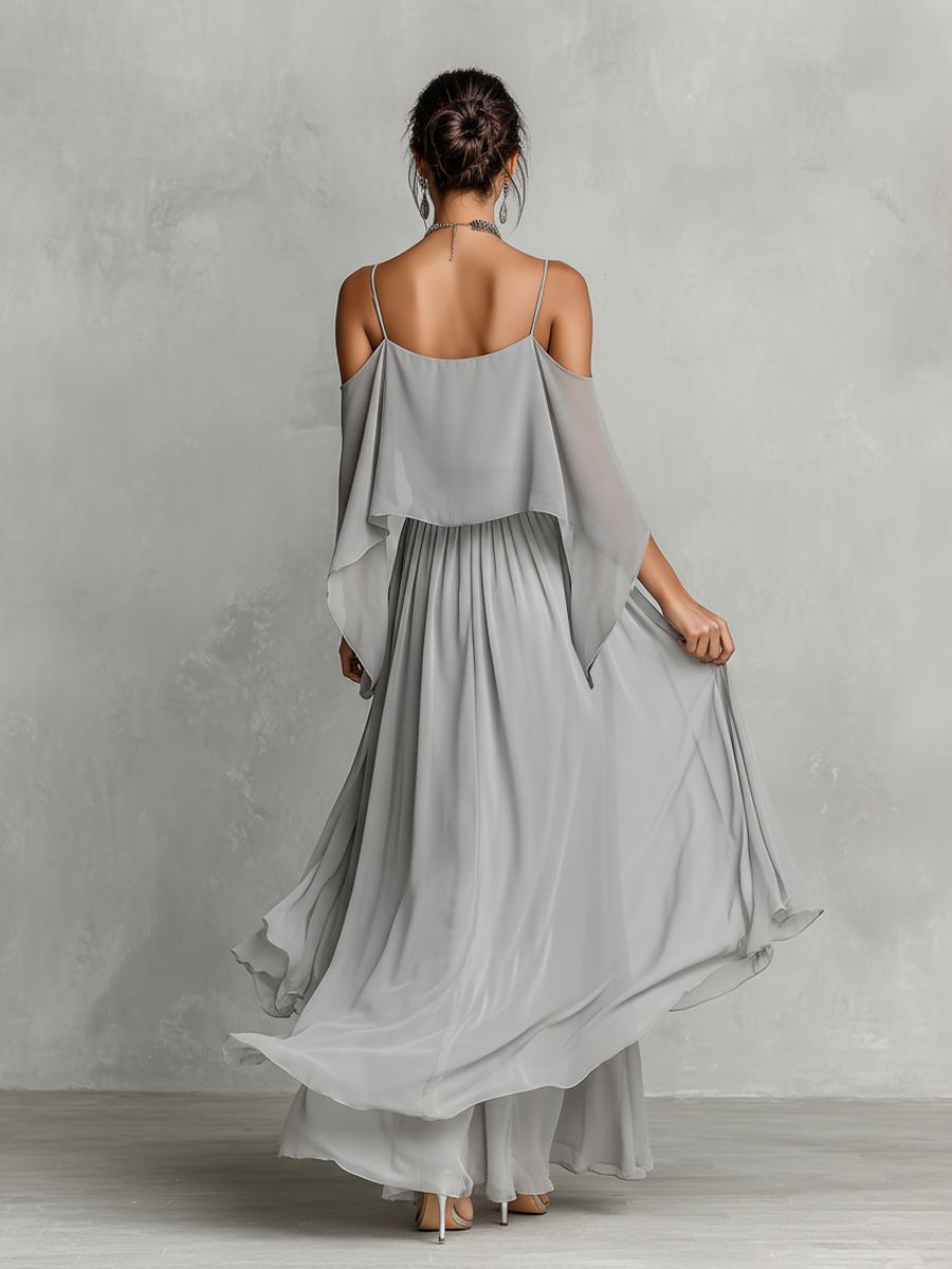 Grey Chiffon Cold-Shoulder Set with Flared Silhouette for Women