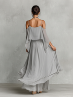 Grey Chiffon Cold-Shoulder Set with Flared Silhouette for Women