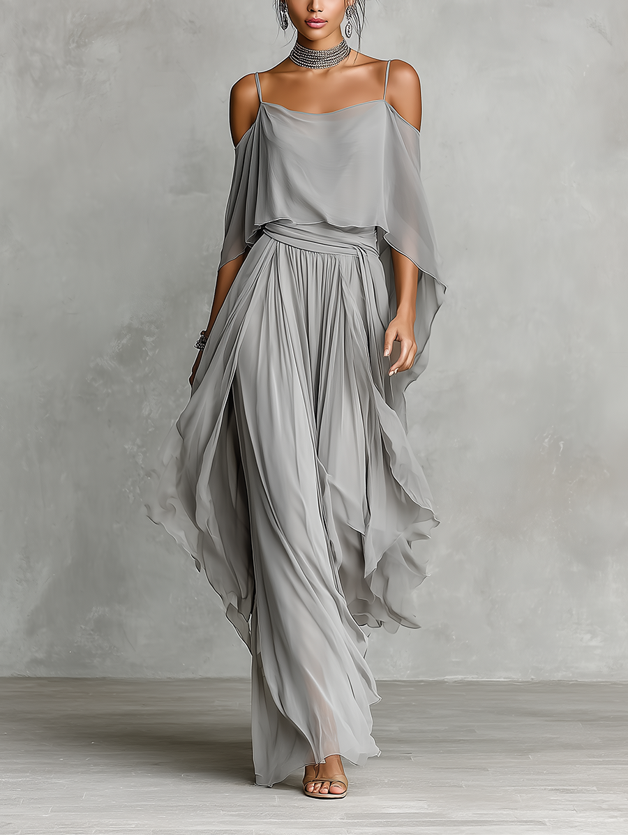 Grey Chiffon Cold-Shoulder Set with Flared Silhouette for Women