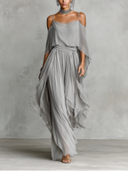 Grey Chiffon Cold-Shoulder Set with Flared Silhouette for Women