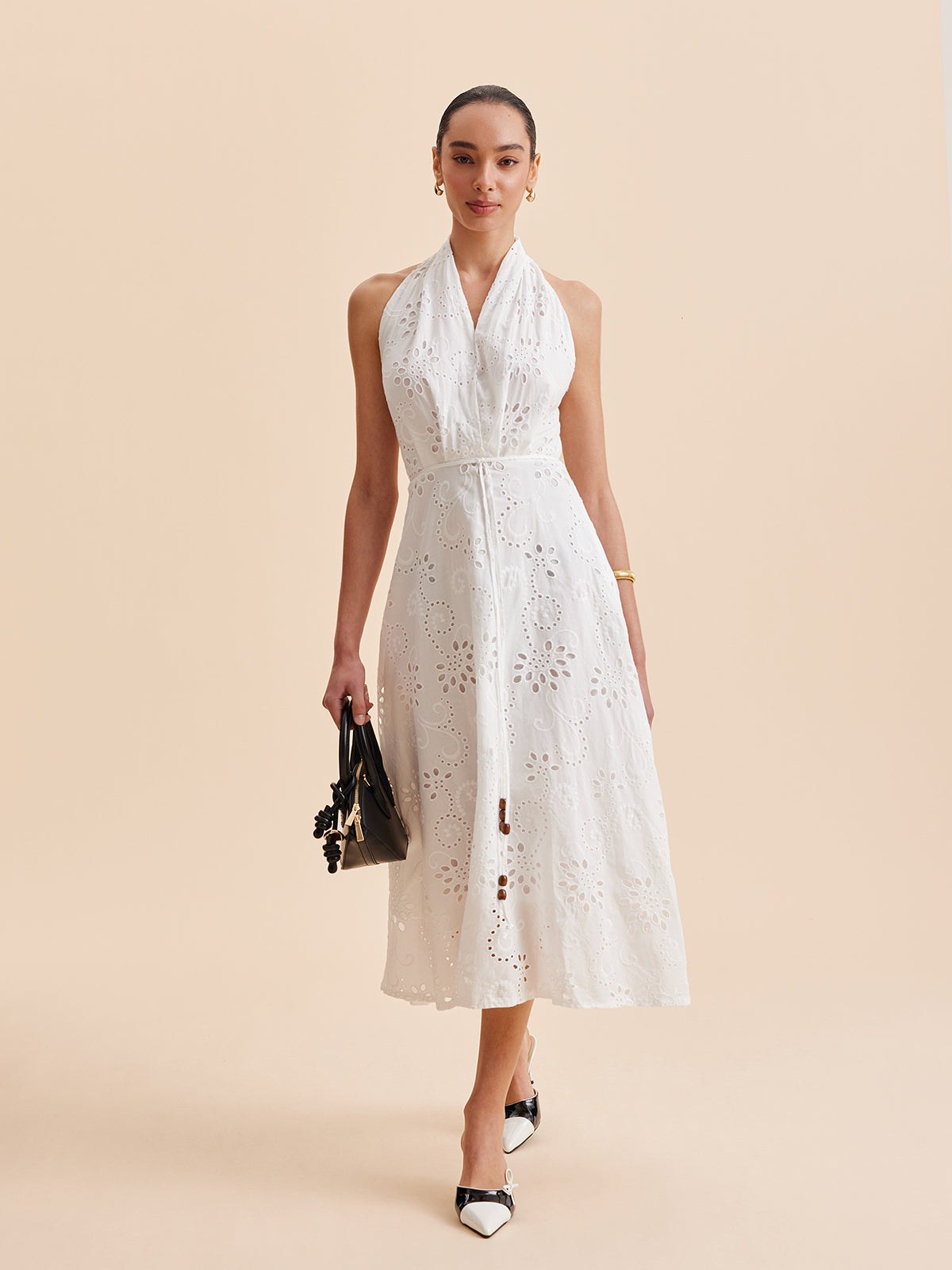 Halter Maxi Dress for Women - Embroidered Cotton Blend - Elegant Vacation & Work Wear