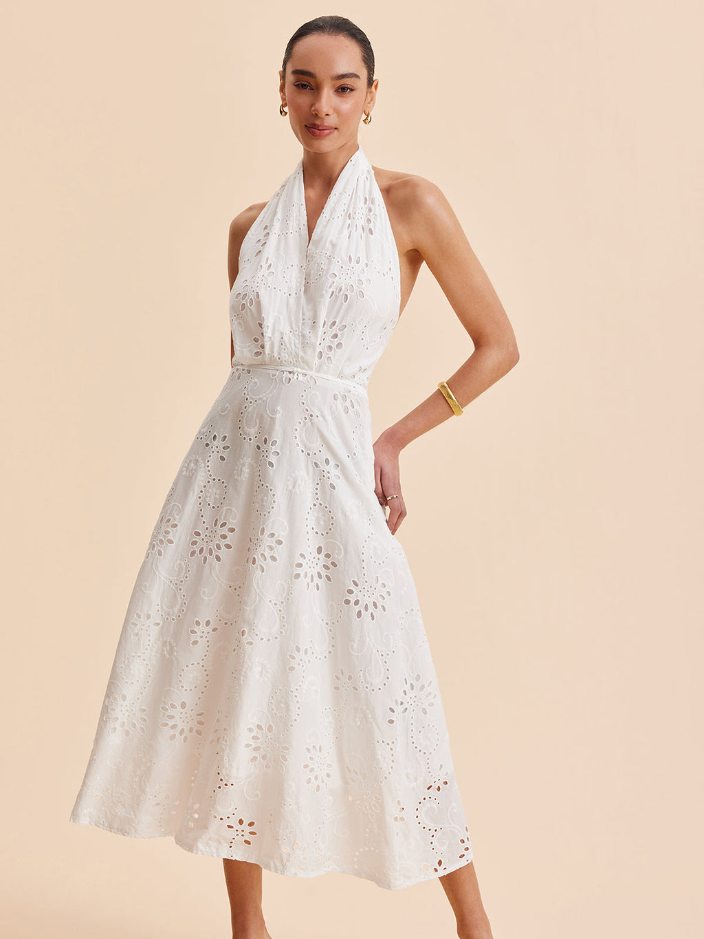 Halter Maxi Dress for Women - Embroidered Cotton Blend - Elegant Vacation & Work Wear