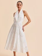 Halter Maxi Dress for Women - Embroidered Cotton Blend - Elegant Vacation & Work Wear