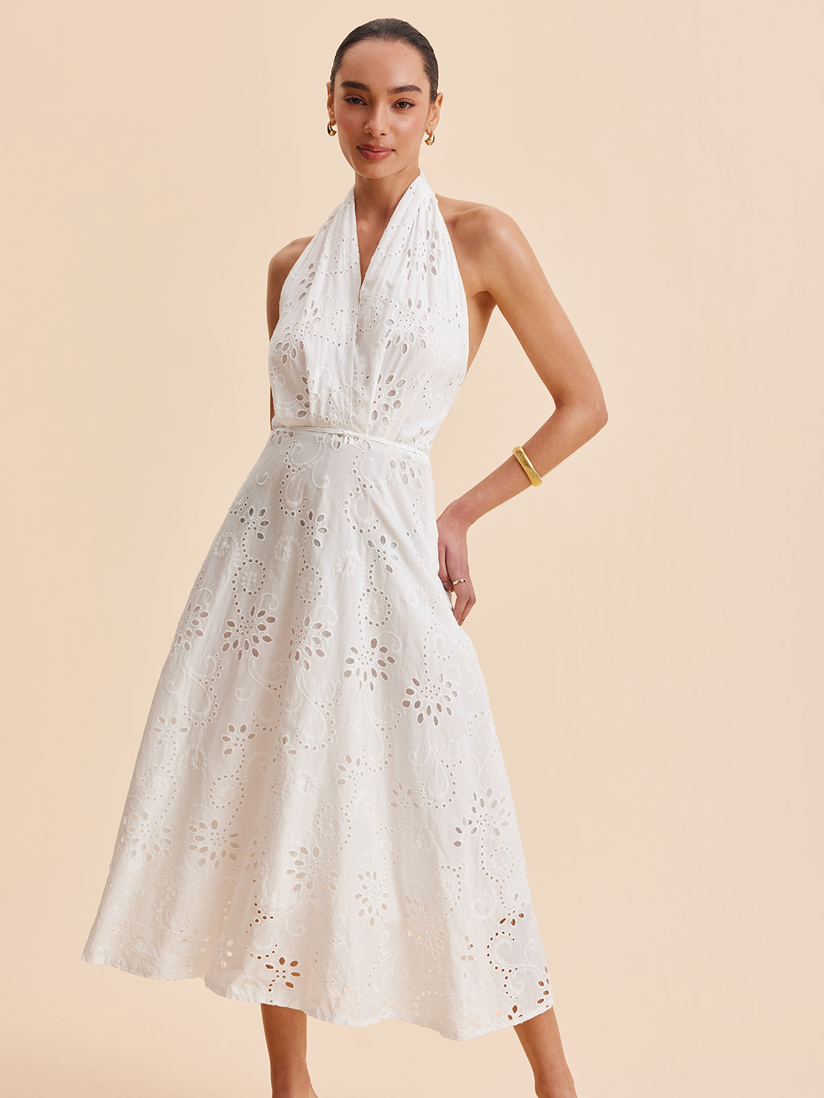 Halter Maxi Dress for Women - Embroidered Cotton Blend - Elegant Vacation & Work Wear