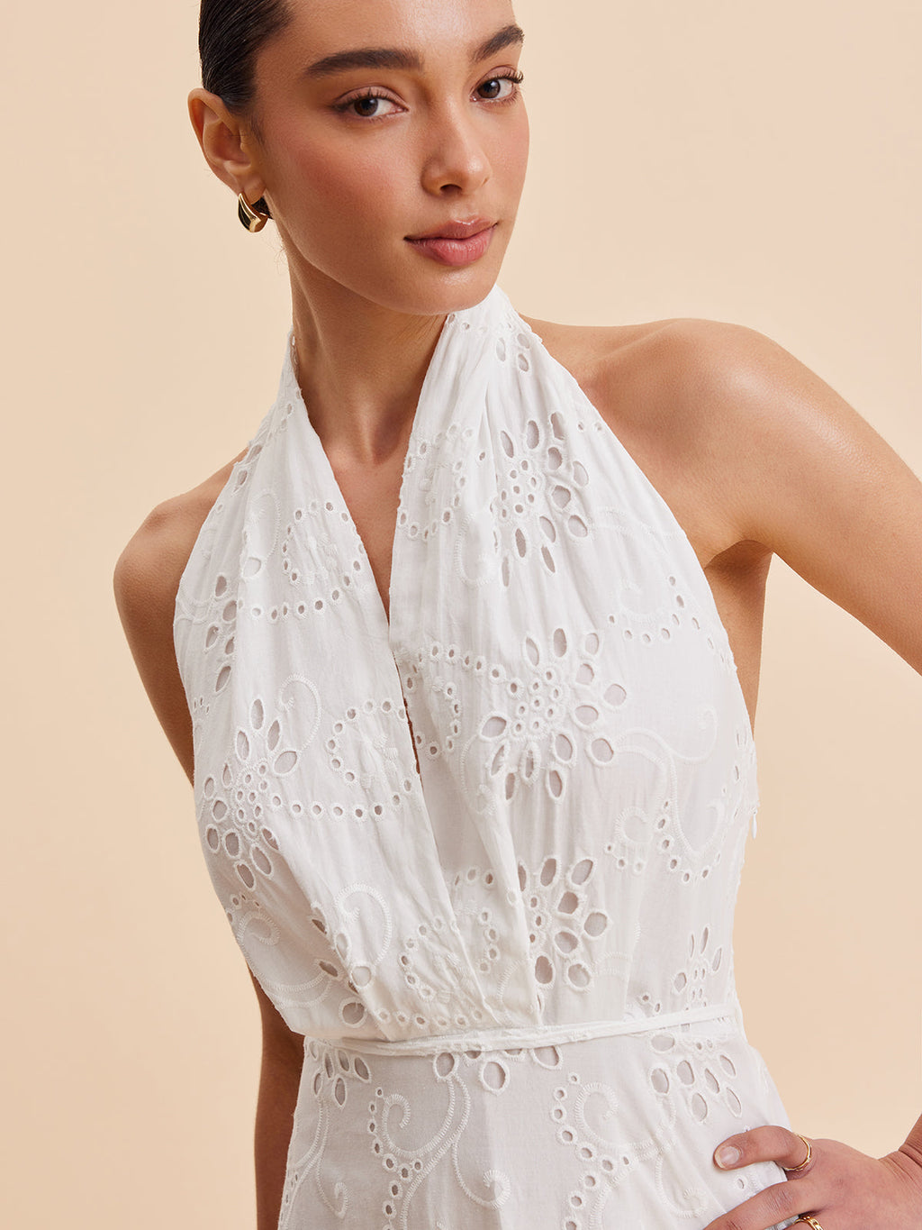 Halter Maxi Dress for Women - Embroidered Cotton Blend - Elegant Vacation & Work Wear