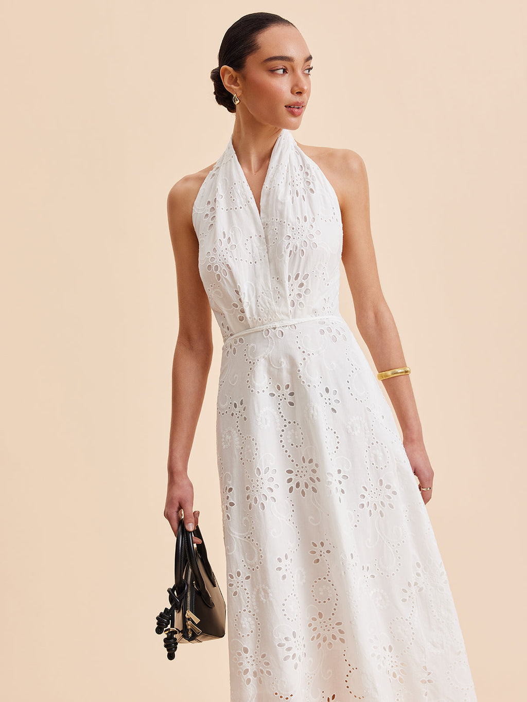 Halter Maxi Dress for Women - Embroidered Cotton Blend - Elegant Vacation & Work Wear
