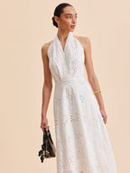 Halter Maxi Dress for Women - Embroidered Cotton Blend - Elegant Vacation & Work Wear