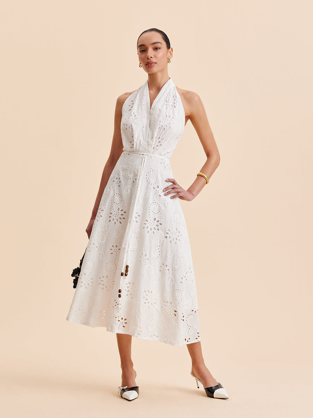 Halter Maxi Dress for Women - Embroidered Cotton Blend - Elegant Vacation & Work Wear