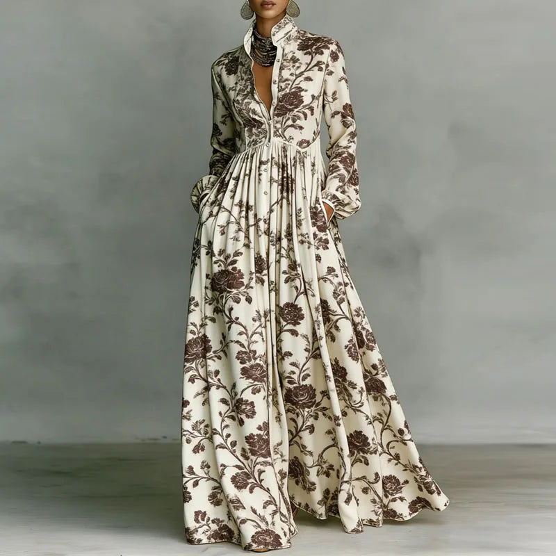 High Waist Pleated Maxi Dress with Retro Print - Long Sleeve Boho Vacation Dress