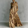 High Waist Pleated Maxi Dress with Retro Print - Long Sleeve Boho Vacation Dress