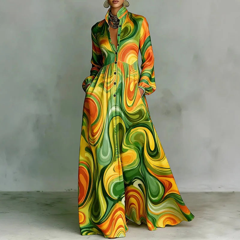 High Waist Pleated Maxi Dress with Retro Print - Long Sleeve Boho Vacation Dress