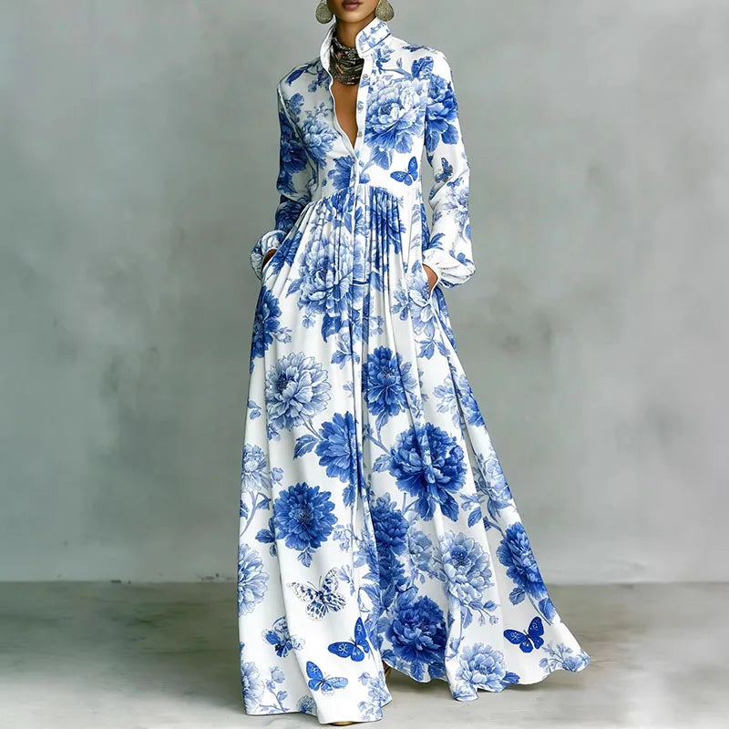 High Waist Pleated Maxi Dress with Retro Print - Long Sleeve Boho Vacation Dress
