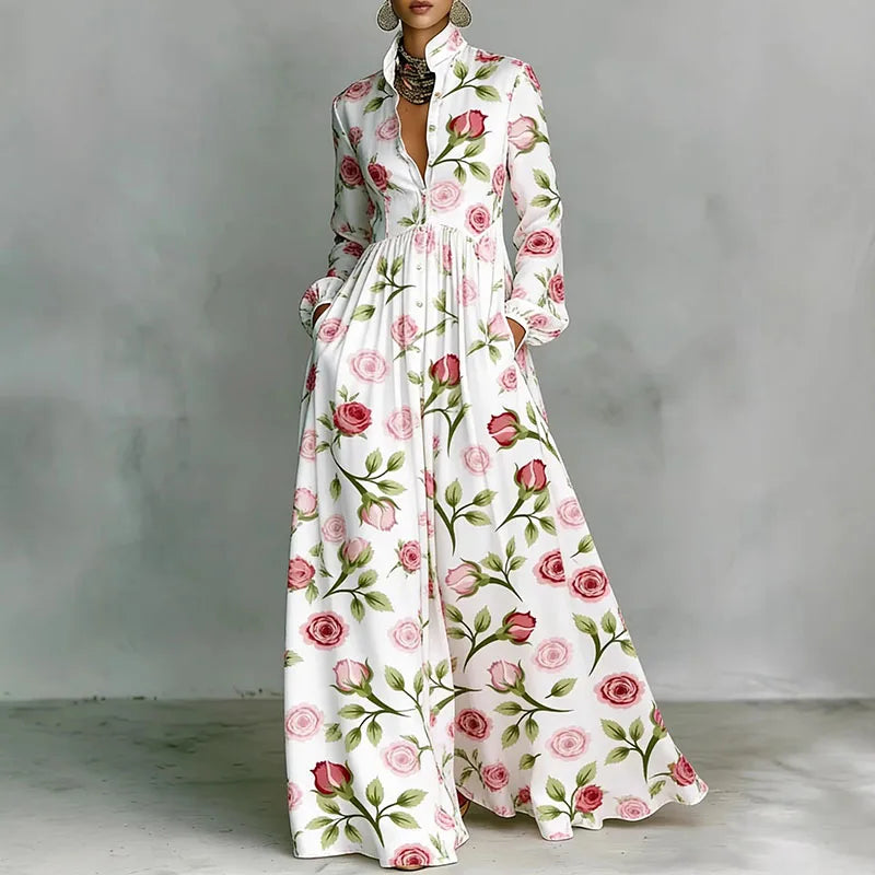 High Waist Pleated Maxi Dress with Retro Print - Long Sleeve Boho Vacation Dress