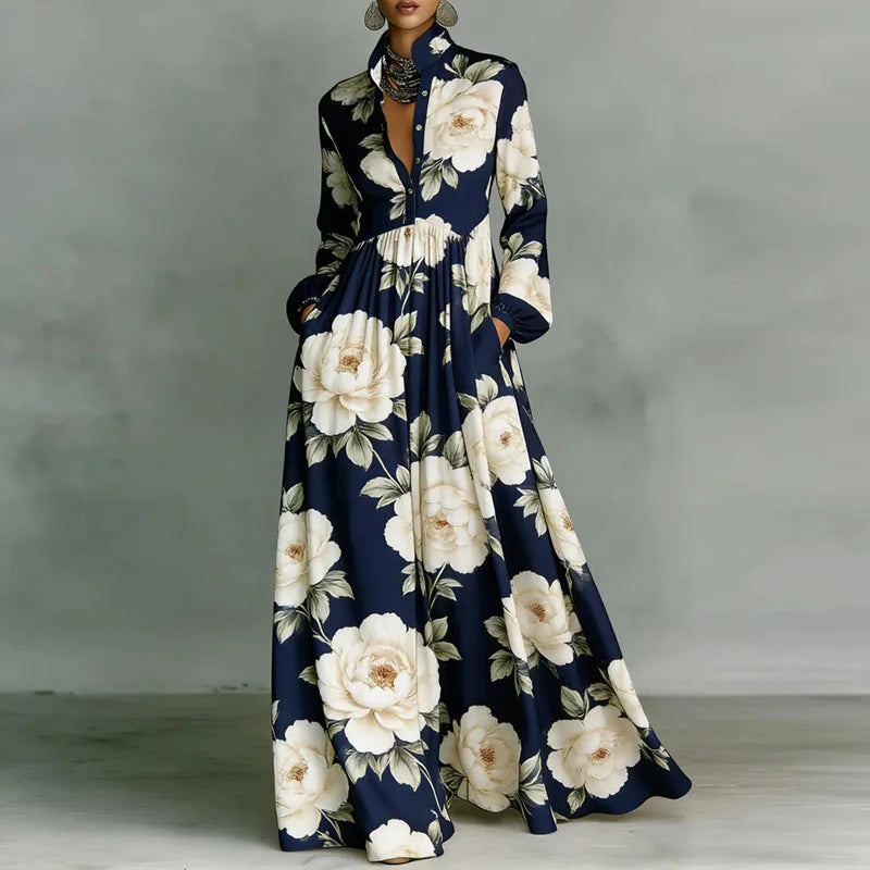 High Waist Pleated Maxi Dress with Retro Print - Long Sleeve Boho Vacation Dress