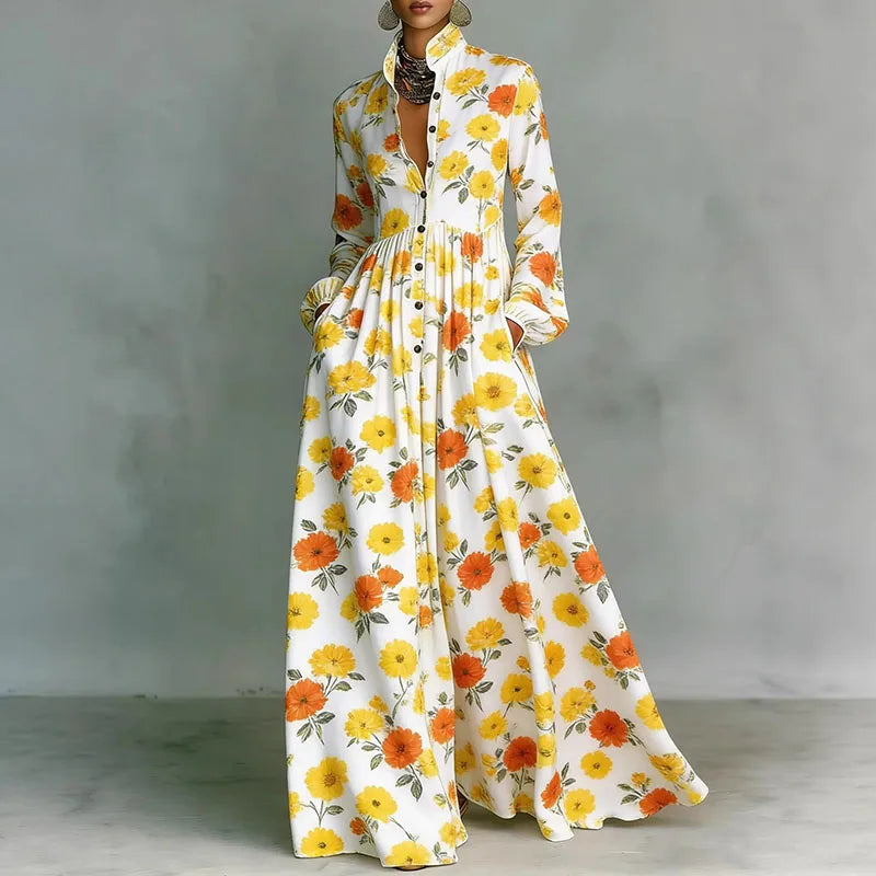 High Waist Pleated Maxi Dress with Retro Print - Long Sleeve Boho Vacation Dress