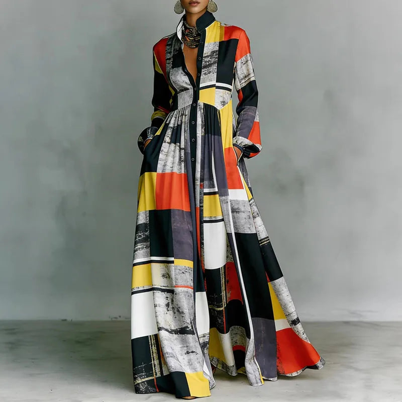 High Waist Pleated Maxi Dress with Retro Print - Long Sleeve Boho Vacation Dress