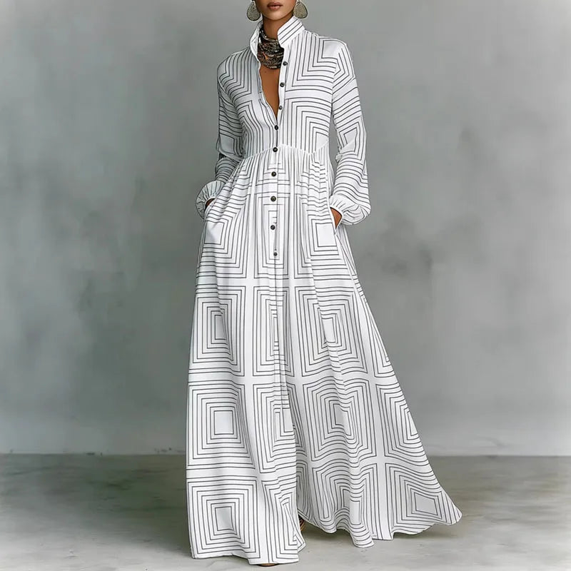 High Waist Pleated Maxi Dress with Retro Print - Long Sleeve Boho Vacation Dress