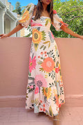 Floral Maxi Dress for Women - Square Neck Puff Sleeve Vacation Dress