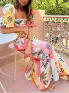 Floral Maxi Dress for Women - Square Neck Puff Sleeve Vacation Dress