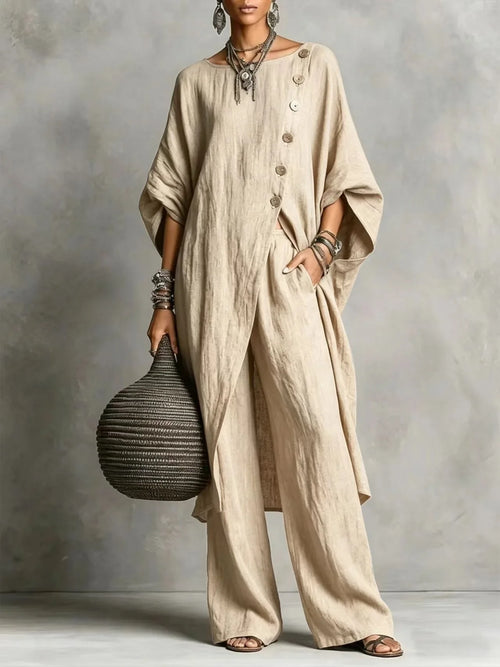 Batwing Sleeve Two Piece Set - Button Tunic Top & Wide Leg Pants - Casual Loungewear