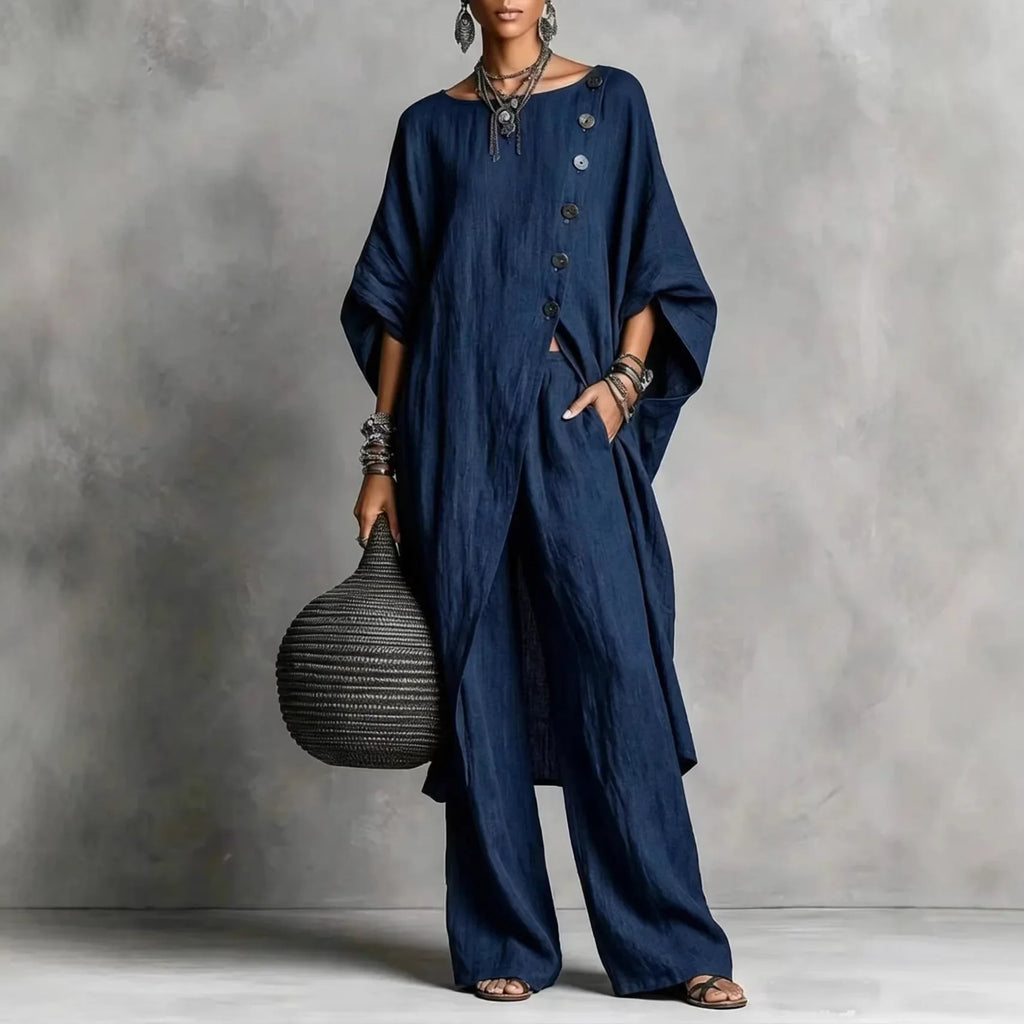 Batwing Sleeve Two Piece Set - Button Tunic Top & Wide Leg Pants - Casual Loungewear