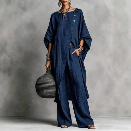 Batwing Sleeve Two Piece Set - Button Tunic Top & Wide Leg Pants - Casual Loungewear