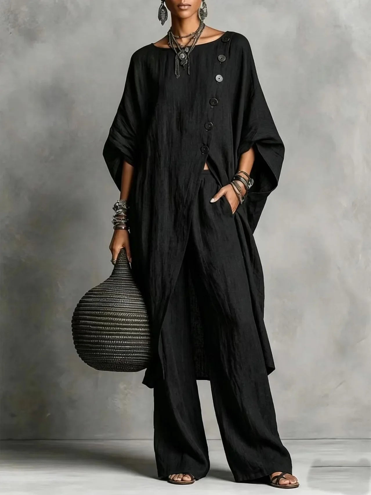 Batwing Sleeve Two Piece Set - Button Tunic Top & Wide Leg Pants - Casual Loungewear