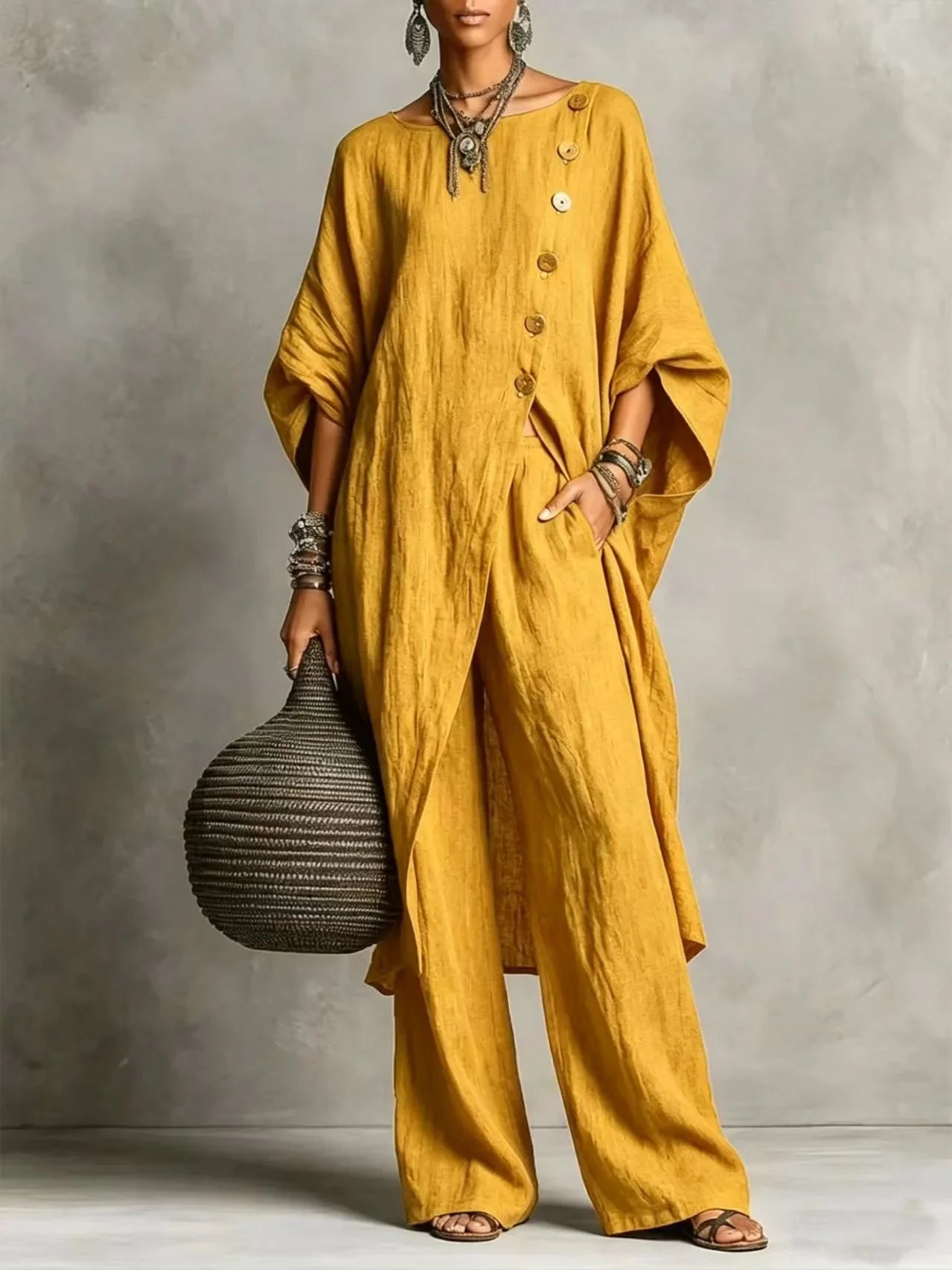 Batwing Sleeve Two Piece Set - Button Tunic Top & Wide Leg Pants - Casual Loungewear
