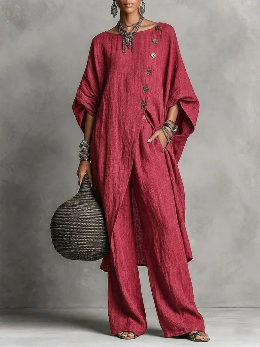 Batwing Sleeve Two Piece Set - Button Tunic Top & Wide Leg Pants - Casual Loungewear