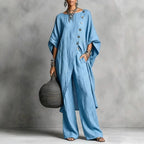 Batwing Sleeve Two Piece Set - Button Tunic Top & Wide Leg Pants - Casual Loungewear