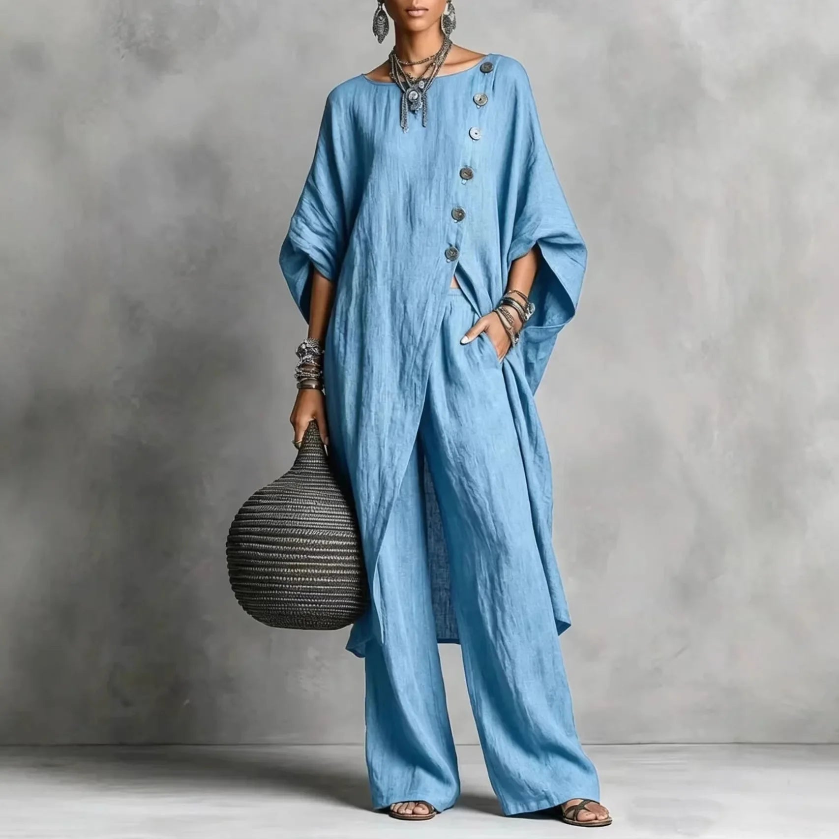 Batwing Sleeve Two Piece Set - Button Tunic Top & Wide Leg Pants - Casual Loungewear