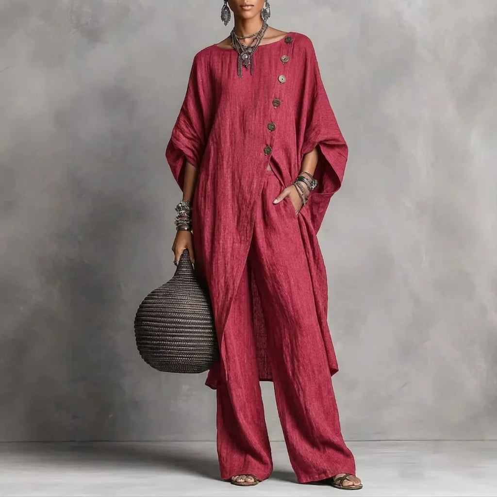 Batwing Sleeve Two Piece Set - Button Tunic Top & Wide Leg Pants - Casual Loungewear