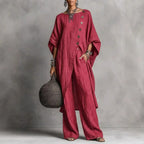 Batwing Sleeve Two Piece Set - Button Tunic Top & Wide Leg Pants - Casual Loungewear
