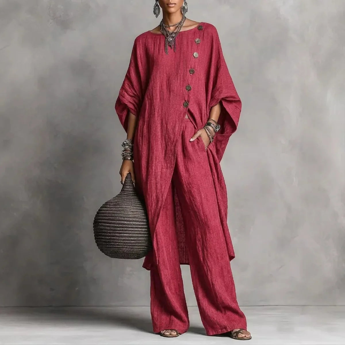 Batwing Sleeve Two Piece Set - Button Tunic Top & Wide Leg Pants - Casual Loungewear