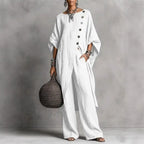 Batwing Sleeve Two Piece Set - Button Tunic Top & Wide Leg Pants - Casual Loungewear
