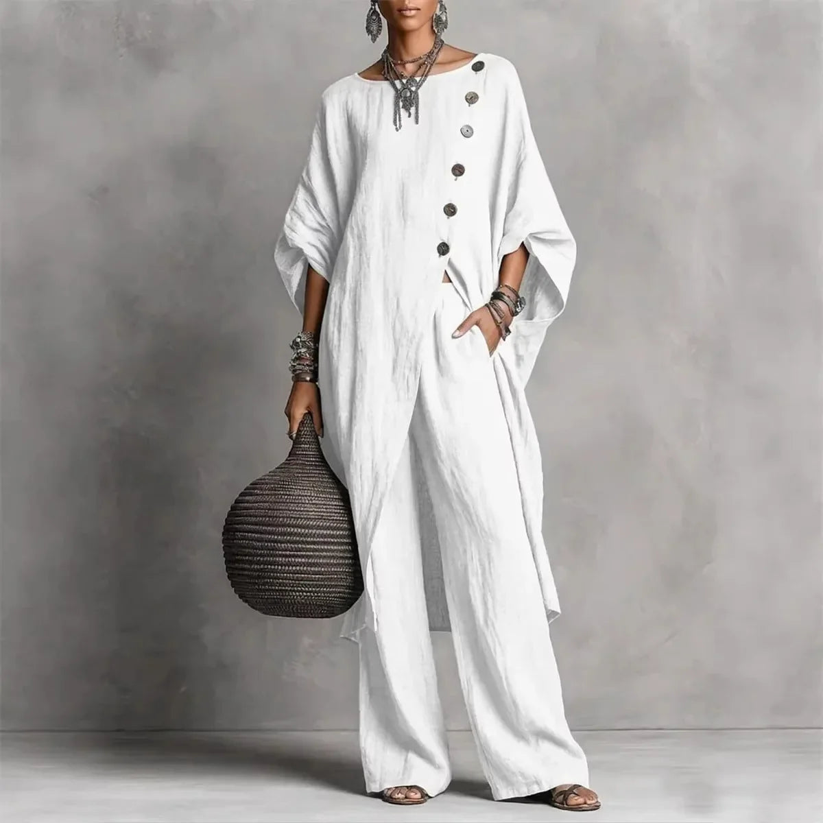 Batwing Sleeve Two Piece Set - Button Tunic Top & Wide Leg Pants - Casual Loungewear