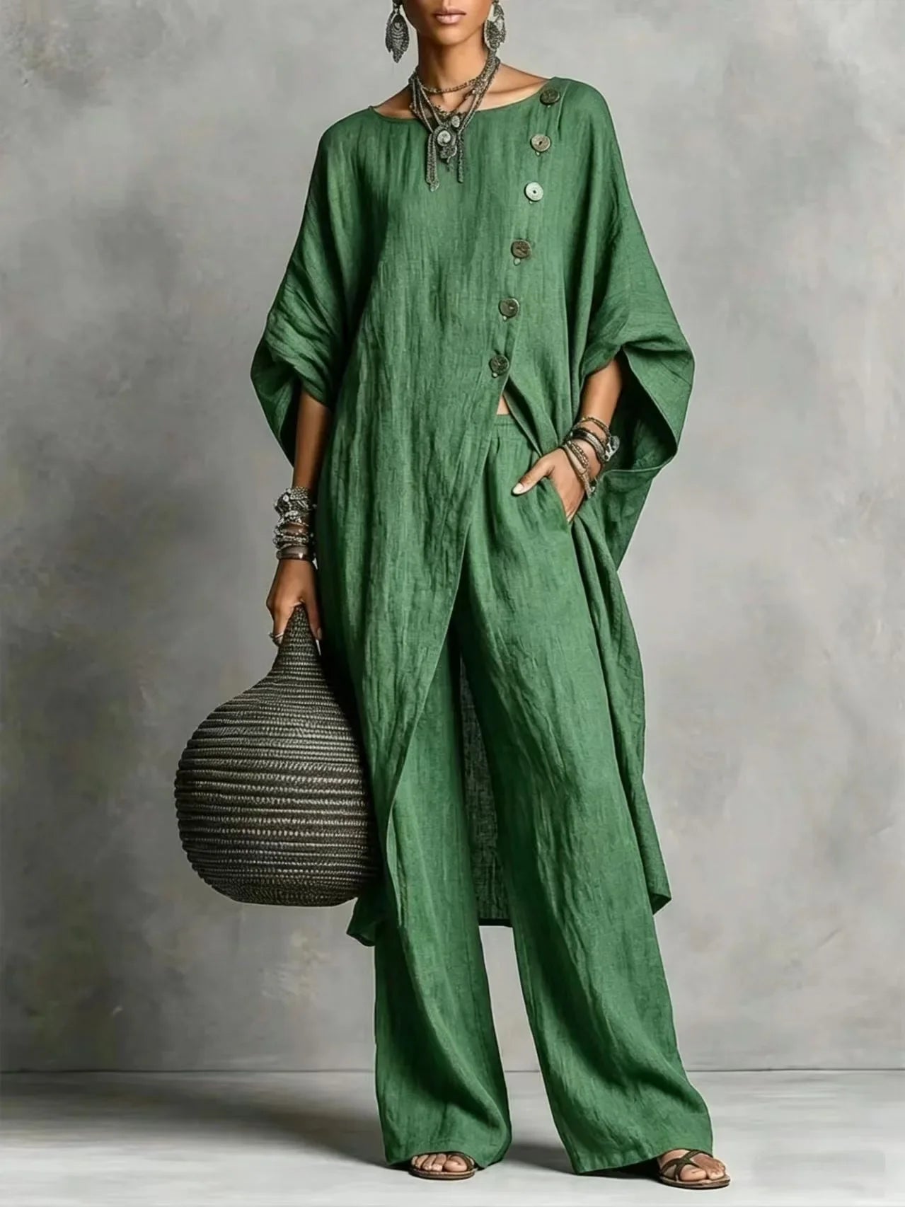 Batwing Sleeve Two Piece Set - Button Tunic Top & Wide Leg Pants - Casual Loungewear