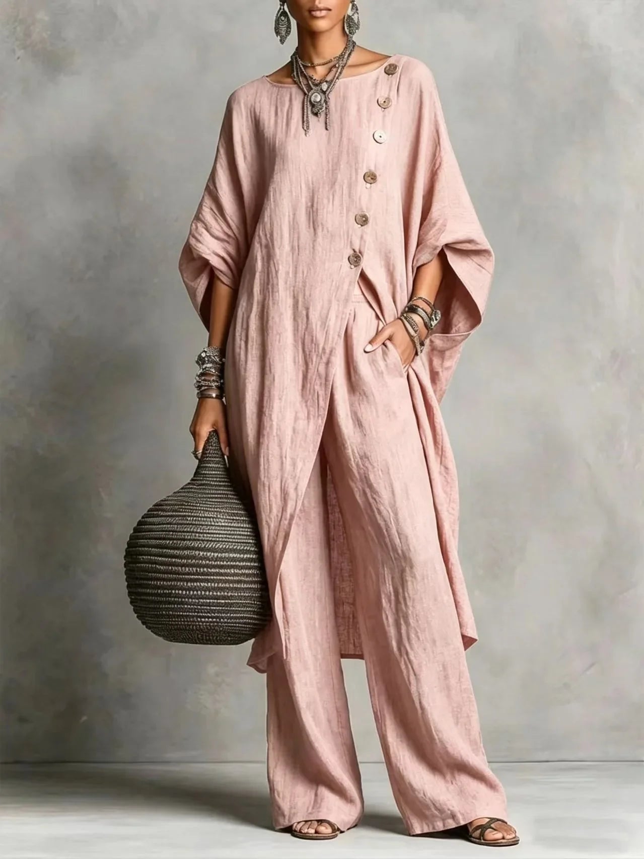 Batwing Sleeve Two Piece Set - Button Tunic Top & Wide Leg Pants - Casual Loungewear