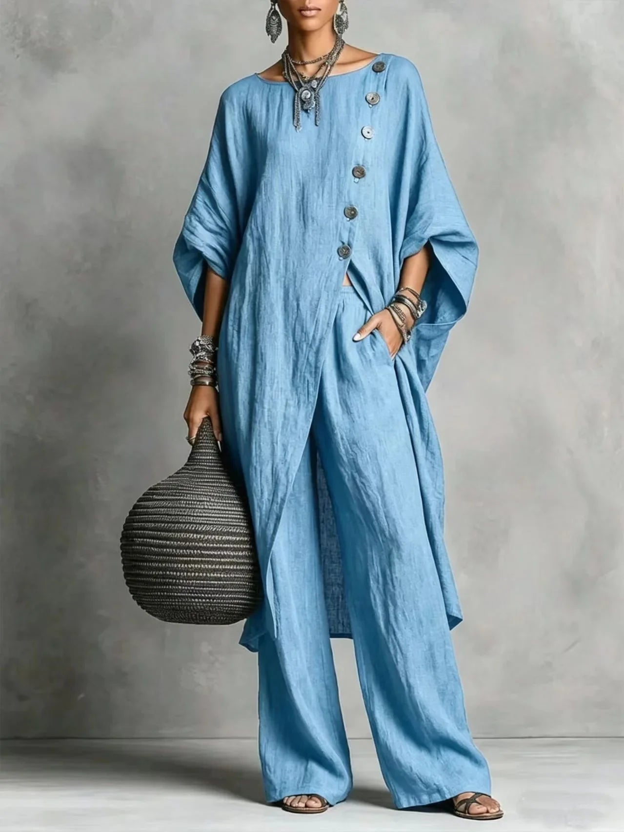 Batwing Sleeve Two Piece Set - Button Tunic Top & Wide Leg Pants - Casual Loungewear