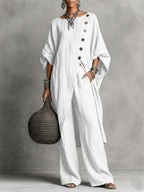 Batwing Sleeve Two Piece Set - Button Tunic Top & Wide Leg Pants - Casual Loungewear