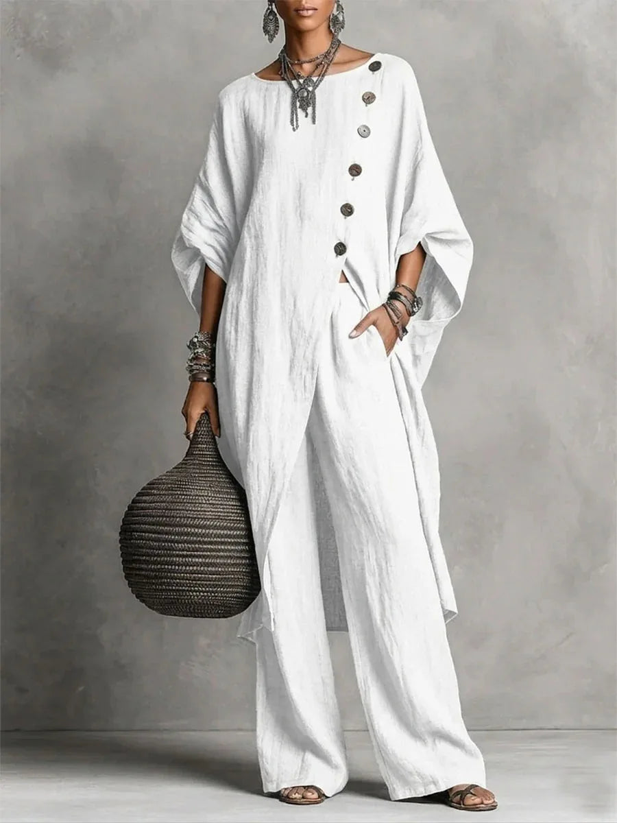 Batwing Sleeve Two Piece Set - Button Tunic Top & Wide Leg Pants - Casual Loungewear