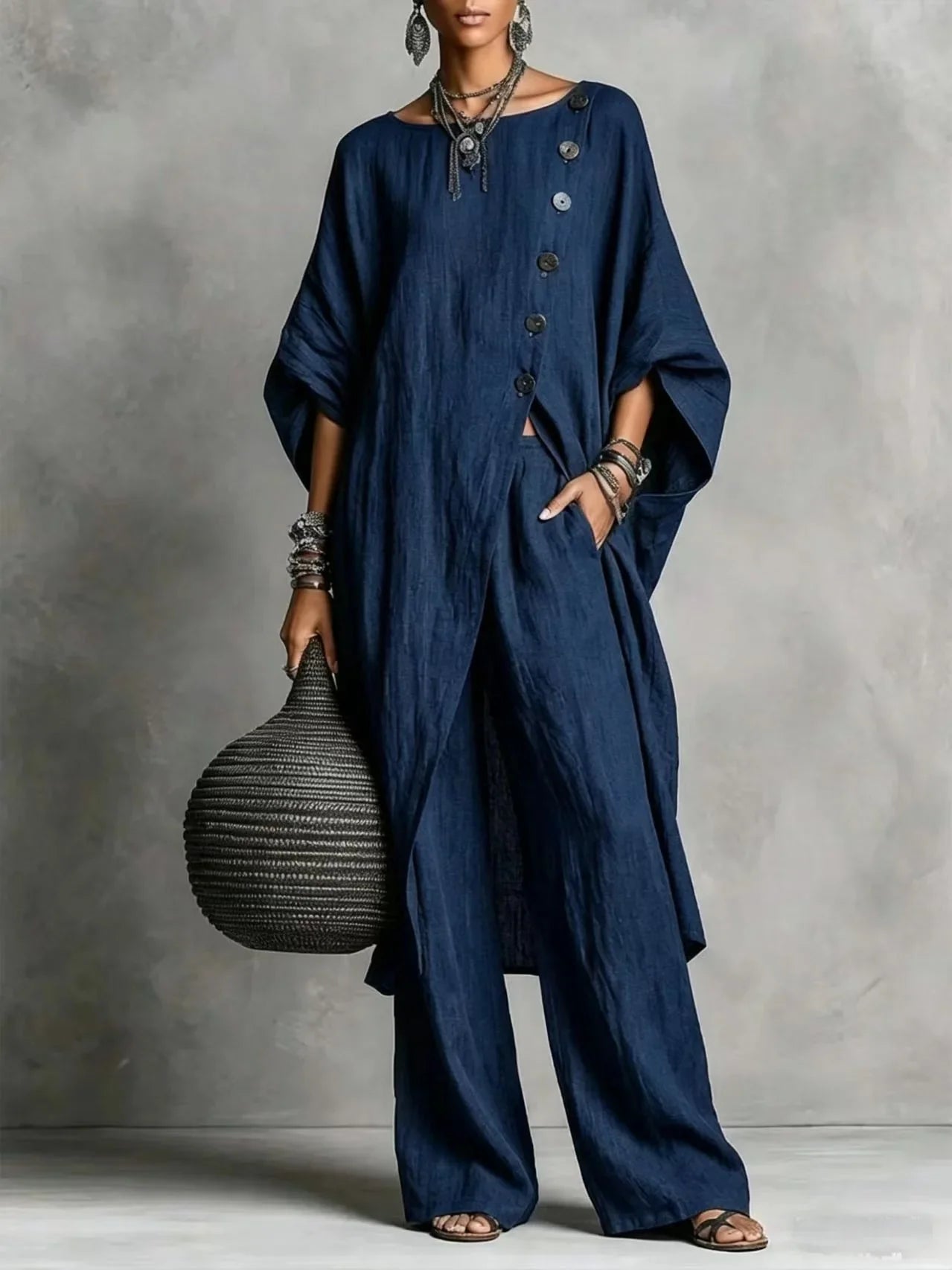 Batwing Sleeve Two Piece Set - Button Tunic Top & Wide Leg Pants - Casual Loungewear