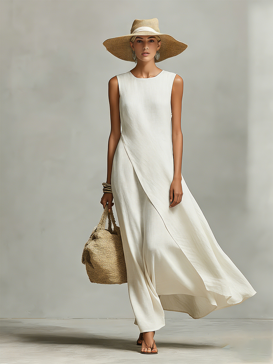 Ivory Linen Sleeveless Dress with Asymmetric Hem - Casual Contemporary Women's Wear