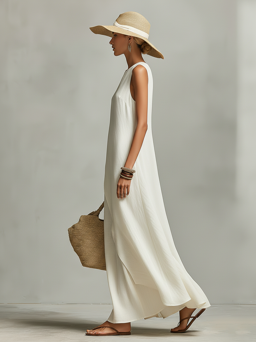 Ivory Linen Sleeveless Dress with Asymmetric Hem - Casual Contemporary Women's Wear