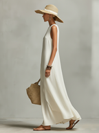 Ivory Linen Sleeveless Dress with Asymmetric Hem - Casual Contemporary Women's Wear