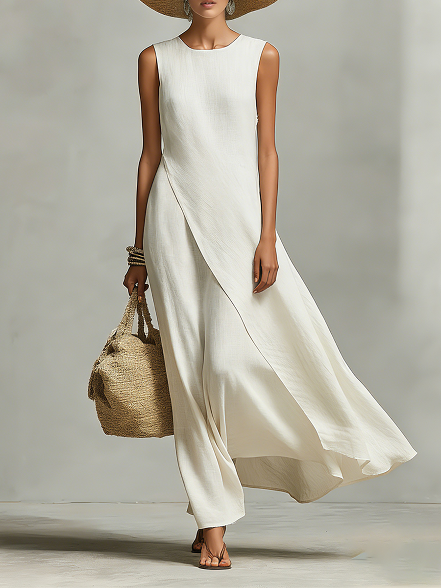 Ivory Linen Sleeveless Dress with Asymmetric Hem - Casual Contemporary Women's Wear
