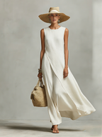Ivory Linen Sleeveless Dress with Asymmetric Hem - Casual Women's Fashion