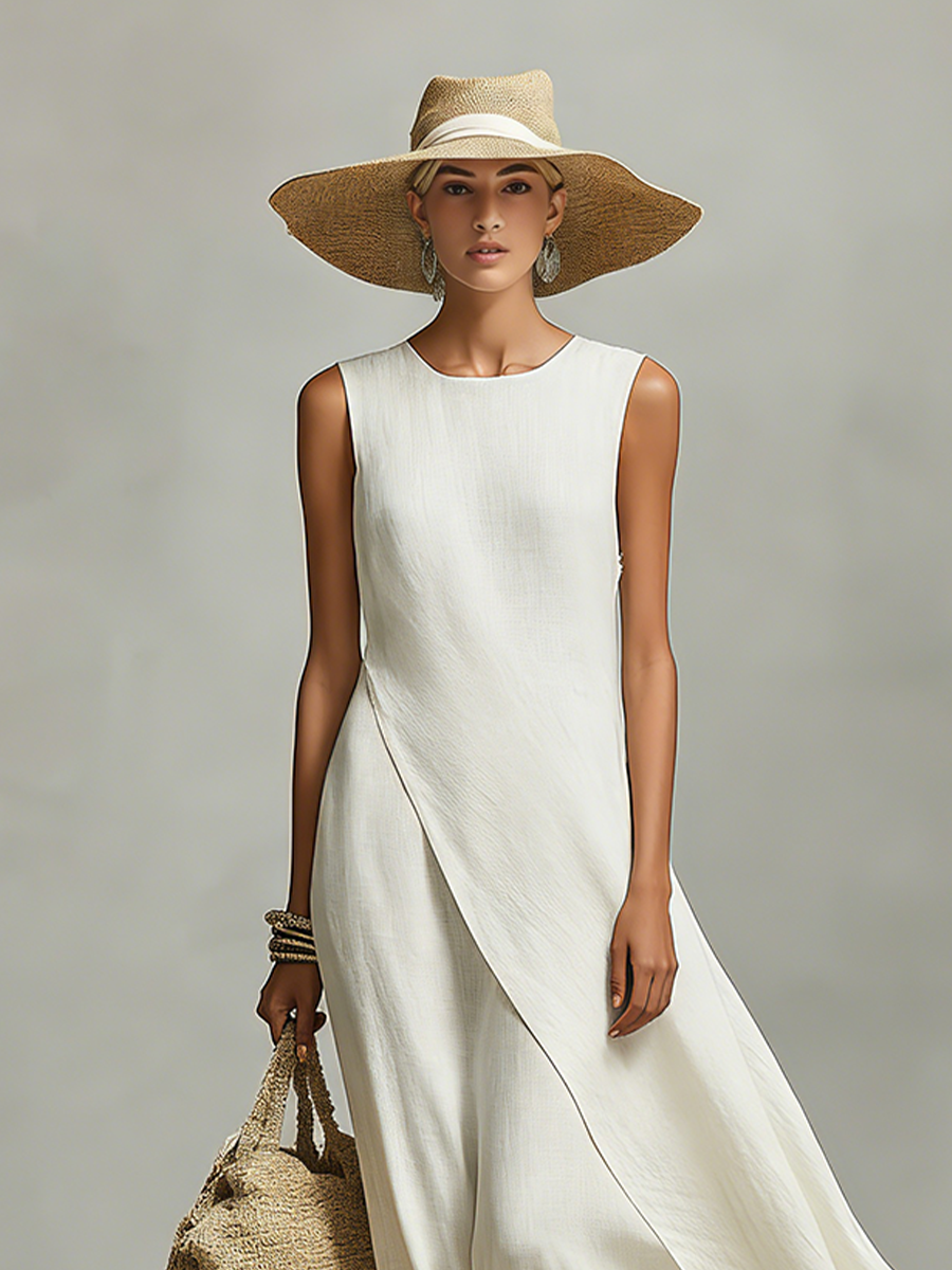 Ivory Linen Sleeveless Dress with Asymmetric Hem - Casual Women's Fashion